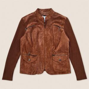 Vintage Brown Suede Leather Jacket Ribbed Sleeves - Size Large Women’s
